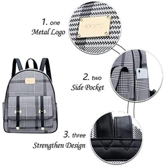 Women Small Backpack Purse Convertible Leather Blackhoundstooth M - Picture 5 of 7